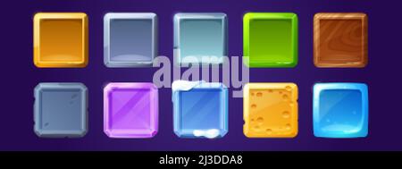 Spiel ui App-Symbole, quadratische Tasten, Cartoon-Menü-Schnittstelle strukturierte Blöcke. GUI Grafik Design Elemente Eiskristall, Holz, Stein, Metall und Käse wi Stock Vektor