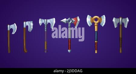 Wikingerachsen für mittelalterliche Schlacht oder Kampf. Vector Cartoon Satz von antiken schweren Waffen mit breiten Metallklinge für Spiel-Schnittstelle. Beile mit Holz Stock Vektor