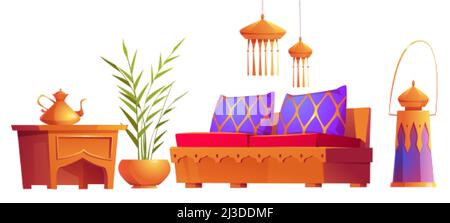 Einrichtung und Ausstattung im arabischen Stil, Couch mit Kissen, Laternen und Topfpflanze mit Teekannen auf dem Tisch, orientalisch-arabische Gegenstände, isoliert Stock Vektor