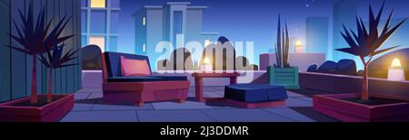 Dachgarten, Gebäudeterrasse mit Pflanzen und Möbeln in der Nacht. Vektor-Cartoon-Illustration der modernen Terrasse auf Hausdach oder Balkon mit Büschen, Stock Vektor