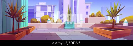 Dachgarten, städtische Außenterrasse auf Gebäudedach mit grünen Pflanzen in Holzkisten mit Erde. Moderne Terrasse mit Blick auf die Stadt, Erholung der Stadt Stock Vektor