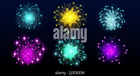 Karneval Feuerwerk am Nachthimmel. Helle Explosionen von festlichen Raketen auf schwarzem Hintergrund isoliert. Vector Cartoon Satz von Feuerwerk für Geburtstagsfeier Stock Vektor