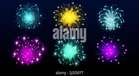 Karneval Feuerwerk am Nachthimmel. Helle Explosionen von festlichen Raketen auf schwarzem Hintergrund isoliert. Vector Cartoon Satz von Feuerwerk für Geburtstagsfeier Stock Vektor