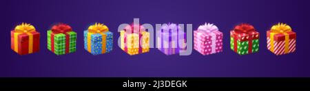 Geschenkschachteln 3D Geburtstagsgeschenke in buntem Geschenkpapier und Schleifen. Bonus, Auszeichnung, Weihnachten, Valentinstag oder Boxtag, Silvester Feier isoliert o Stock Vektor