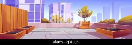 Dachgarten, Gebäudeterrasse mit Grünpflanzen und Holzkisten für Garten- und Landwirtschaft. Vektor-Cartoon-Illustration der modernen Terrasse mit Bäumen Stock Vektor