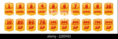 Set von Käse Spiel-Ebene ui-Symbole, Score Experience Banner und xp-Rate isoliert App-Schaltflächen, Auszeichnung oder Bonus Grafik-Design-Elemente, Belohnung, Trophäe A Stock Vektor