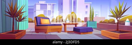 Dachgarten, Gebäudeterrasse mit Grünpflanzen und Möbeln zum Entspannen. Vektor-Cartoon-Illustration der modernen Terrasse auf Hausdach oder Balkon mit Stock Vektor