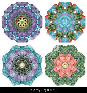 Handgemaltes Kunstdesign. Farbe handgezeichnete Illustration Set von 4 Mandalas für die Dekoration Stock Vektor