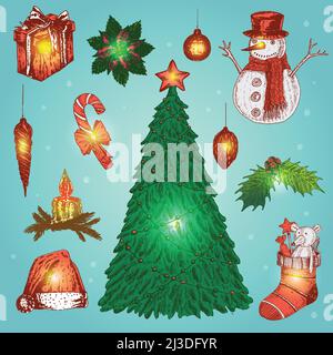 Set von isolierten handgezeichneten leuchtenden weihnachtsdekorationen auf blau Hintergrund mit Schnee Vektor Illustration Stock Vektor