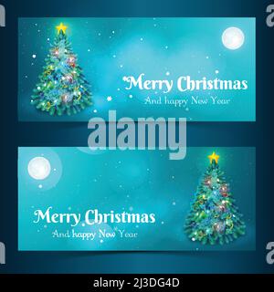 Flaches Design dekoriert weihnachtsbaum in Mondlicht Banner isoliert Vektor Abbildung Stock Vektor