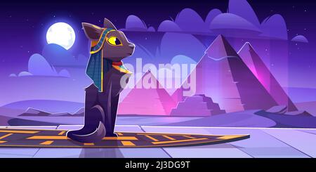 Ägyptische Göttin Bastet in der Wüste mit alten Pyramiden in der Nacht. Vektor-Cartoon-Illustration der heiligen schwarzen Katze und Landschaft mit pharao Gräber in Stock Vektor
