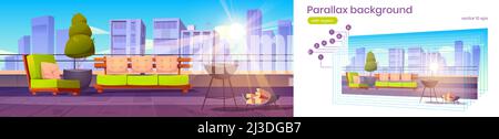 Parallax-Sommercafe auf dem Dach, Restaurant im Freien auf der Dachterrasse mit Blick auf die Stadt. Leere Terrasse mit Grill-Maschine, bequemes Sofa 2D Spiel Animat Stock Vektor