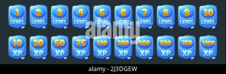 Satz von UI-Symbolen auf Wasserspielebene, blauen Bannern mit xp-Rate und Flüssigkeitstropfen. Auszeichnung oder Bonus Grafikdesign Elemente, Belohnung, Trophäe Leistung und p Stock Vektor