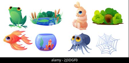 Tiere mit ihren Lebensräumen, Spinnen und Spinnennetz, Goldfischen und Aquarium. Vektor-Cartoon-Set von niedlichen wilden Tieren mit ihrem Zuhause, Frosch, Teich, Kaninchen und Stock Vektor