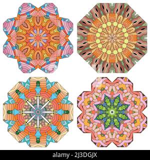 Handgemaltes Kunstdesign. Farbe handgezeichnete Illustration Set von 4 Mandalas für die Dekoration Stock Vektor