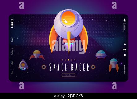 Space Racer Spiel Cartoon Landing Page mit außerirdischen Raumschiffen, Raketen, ufo, Fantasy-Shuttles. Computerschütze, Galaxie Kampf Videospiel mit kosmischen Spaß Stock Vektor