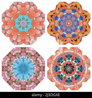 Handgemaltes Kunstdesign. Farbe handgezeichnete Illustration Set von 4 Mandalas für die Dekoration Stock Vektor