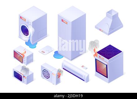 Defekte Haushaltsgeräte mit Leckagen, Feuer und Rissen. Vektor isometrisches Set von Waschmaschine, Elektroherd, Kühlschrank, Mikrowelle, Bodenwelle A Stock Vektor