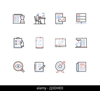 Online- und Remote-Office-Arbeit – Symbole im Liniendesign Stock Vektor