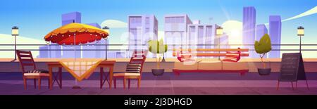 Restaurant auf der Dachterrasse mit Blick auf die Stadt im Hintergrund. Leere Terrasse mit Tisch, Stühlen und Tafel auf dem Dach des Wolkenkratzers. Cafe-Bereich im Freien für Re Stock Vektor