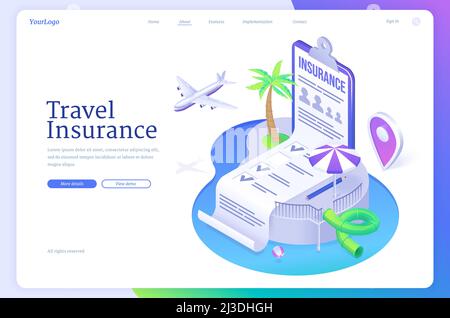 Isometrische Landing Page der Reiseversicherung. Grundsatzdokument am Strand mit Pool, Palmen und Flugzeug. Reiseleben und Gesundheitsschutz, guara Stock Vektor