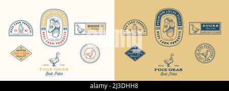 Duck Poultry Farm Retro Gerahmte Abzeichen und Logo Vorlagen Kollektion. Handgezeichnete Illustrationen zu Gänsegesicht und Vögeln mit Retro-Typografie. Vintage Stock Vektor