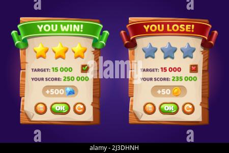 Game ui Interface Boards mit Level-Score, gewinnen oder verlieren bar, goldene Sterne und Tasten. Vektor-Cartoon-Set von gui-Elementen mit Holzbohlen, Papier und Stock Vektor