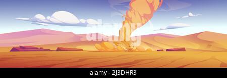 Tornado, Windsturm mit Lufttrichter in der Wüste. Vektor-Cartoon-Illustration von gefährlichen Wetter Phänomen, Sand Wirbelwind, staubigen Twister in der Wüste wi Stock Vektor