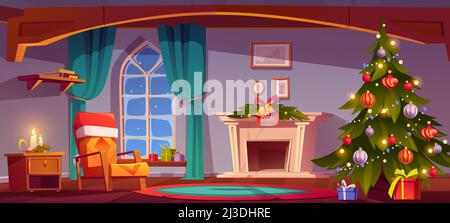 Zimmer in der Weihnachtsnacht, leeres Zuhause mit Kamin, brennende Kerzen, verzierte Tannenbaum mit Geschenken und Geschenken und gemütlichen Sessel mit santa Stock Vektor