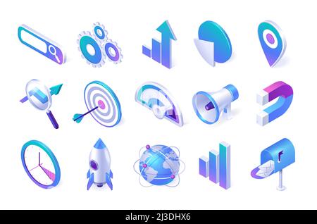 Isometrische seo- und Marketing-Symbole. Browserfenster, Zahnräder, Pfeil- und Tortendiagramme, Kartenstift, Lupe und Ziel mit Lautsprecher. Magnet, Uhr, Inbetriebnahme Stock Vektor