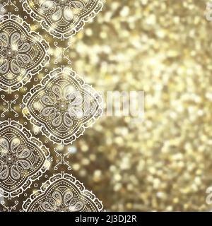 Vektor goldenen Glitzer verschwommen Hintergrund Vorlage für Karten, handgezeichnete Kulisse für Einladungen und Plakate, mit reich verzierten Rand weiße Spitze und Kopie s Stock Vektor
