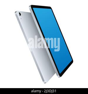 Tablet 2020, realistisches Mockup für Präsentationen. Diagonale Vorder- und Rückansicht der Seite. Isoliertes realistisches Gerät auf weißem Hintergrund. Vektorgrafik Stock Vektor