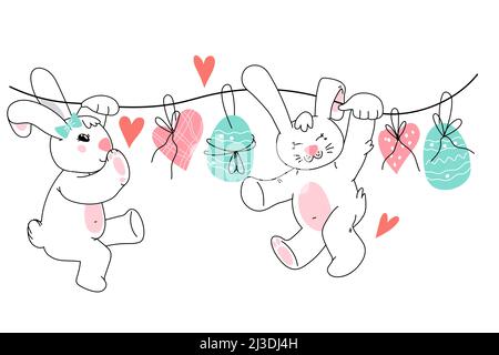 Lustige Osterkaninchen mit Girlande aus Eiern, Cartoon-Vektor-Illustration isoliert auf weißem Hintergrund. Lustige Hasenfiguren für osterdrucke und Karten Stock Vektor