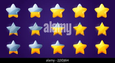 Set von Sternen, Spielpartitur Elemente von leeren bis vollen Reihen. UI oder gui bewerten gelb-golden glänzende Elemente für die Benutzeroberfläche und das Display der App, Sieger-Achie Stock Vektor