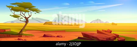 Afrikanische Savannenlandschaft, wilde Natur Afrikas, Cartoon-Hintergrund mit grünem Baum, Felsen und schlichtem Graslandfeld unter blauem klarem Himmel. Kenia Pan Stock Vektor