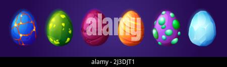 Cartoon Drachen Eier, Dinosaurier und Reptil ui-Spiel Vermögenswerte Vektor-Set. Magische Sammlung mit bunten texturierten, Pickel, Eiskristall, rissig, glühend, Stock Vektor