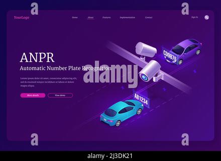 Isometrische Landing Page der ANPR-Technologie. Automatische Erkennung von Nummernschildern, Kfz-Kennzeichen und Geschwindigkeitserkennung. Ortungsradar und Straße tr Stock Vektor