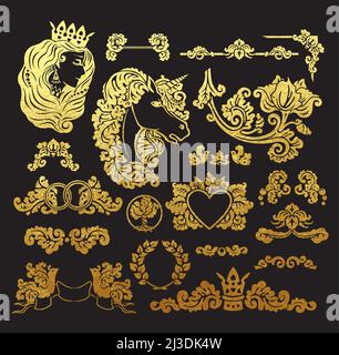 Vector königliche Hochzeitsvignetten im mittelalterlichen Dekorationsstil - Elemente für Vintage-Dekorationsdesign - Embleme aus realistischem Metallic-golde Stock Vektor