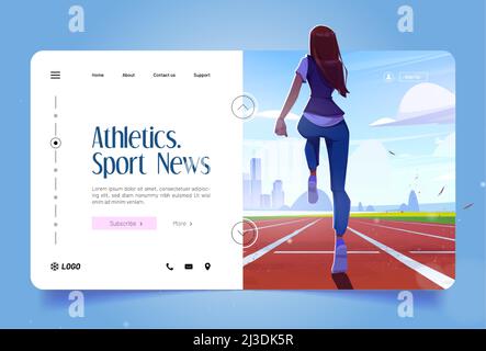 Leichtathletik-Banner mit Mädchen beim Joggen auf der Rennstrecke im Stadion. Vektor-Landing-Page von Sport-News mit Cartoon-Illustration von Frau Training auf rot runn Stock Vektor