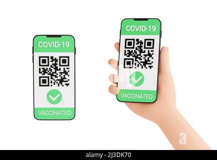 Grüner COVID-Impfpass. QR-Code und Häkchen auf dem Handy-Bildschirm in menschlicher Hand 3D Render. Stockfoto