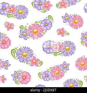 Vektor Urlaub Blumen Nahtloses Muster, quadratische Wiederholung Hintergrund mit einer Reihe von ausgeschnittenen Illustrationen violette Petunia Blumen und rosa Farbe märz dai Stock Vektor