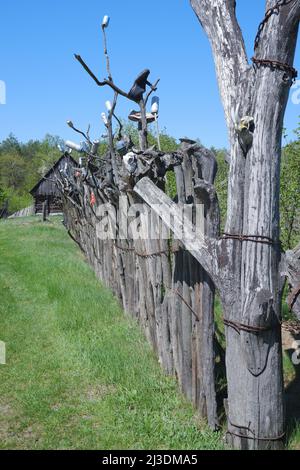 Ein alter skurrile Zaun, mit Totenköpfen, unnötigen Dingen und Dosen aufgehängt. Stockfoto