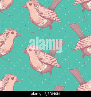 Robin Redbreast vintage Vektor nahtlose Muster Hintergrund. Pinkfarbener und leichter Wintervögel mit blauem Hintergrund. Handgezeichnetes Design im illustrativen Stil Stock Vektor