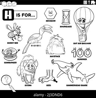 Schwarz-Weiß-Bildungs-Cartoon-Illustration für Kinder mit Comic-Figuren und Objekte für Buchstabe H Malbuch Seite gesetzt Stock Vektor