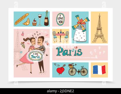 Skizze Reise nach Paris Komposition mit Liebespaar Eiffel Turm Frankreich Flagge Fahrrad Herz Tisch Stühle Wein Flasche französisch Lebensmittelvektor illustrati Stock Vektor