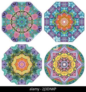 Handgemaltes Kunstdesign. Farbe handgezeichnete Illustration Set von 4 Mandalas für die Dekoration Stock Vektor