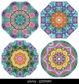 Handgemaltes Kunstdesign. Farbe handgezeichnete Illustration Set von 4 Mandalas für die Dekoration Stock Vektor