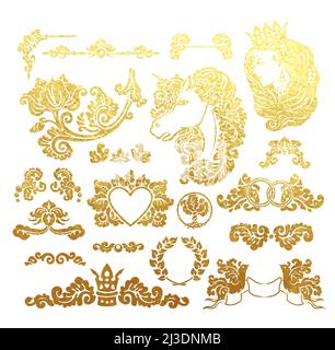 Vector königliche Hochzeitsvignetten im mittelalterlichen Dekorationsstil - Elemente für Vintage-Dekorationsdesign - Embleme aus realistischem Metallic-golde Stock Vektor