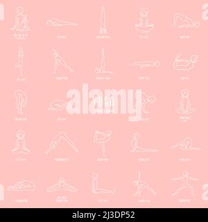 Yoga Pose Linie Symbole gesetzt, einfache Zeichen der Menschen in 24 beliebten Asanas, weiße Umrisse lineart Zeichen isoliert auf rosa Hintergrund - Vektor-Design-Element Stock Vektor