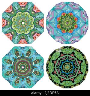 Handgemaltes Kunstdesign. Farbe handgezeichnete Illustration Set von 4 Mandalas für die Dekoration Stock Vektor